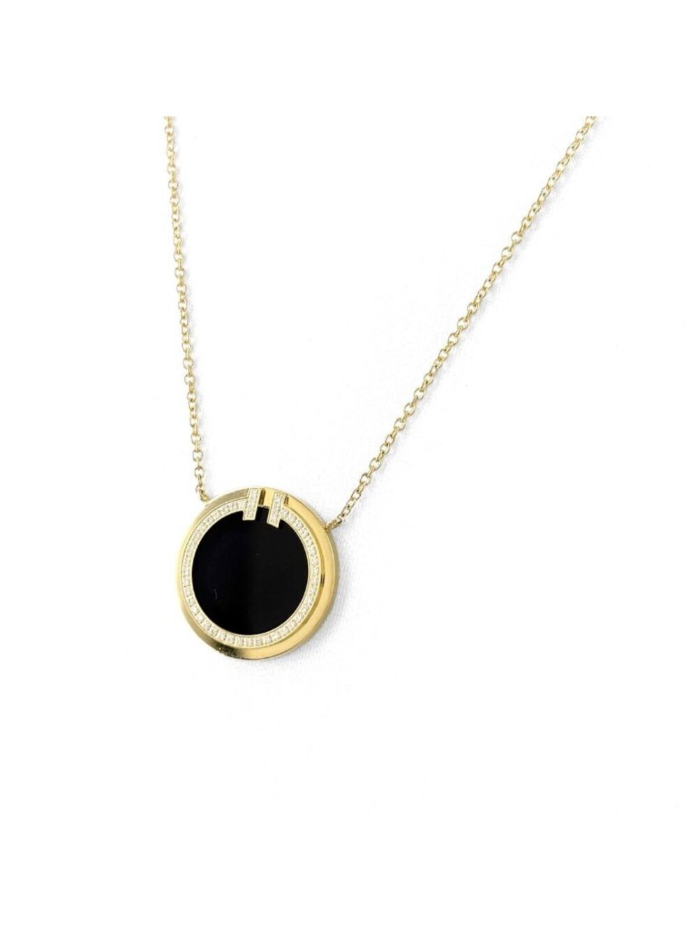 Tiffany & Co T Circle Two Necklace YG Yellow Gold Pave Diamond 750 Onyx